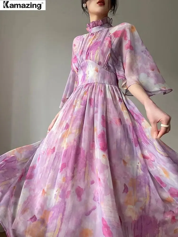 Elegant Slim Print Dress For Women Stand Collar Half Sleeve High Waist Ruched Long A-Line Dress