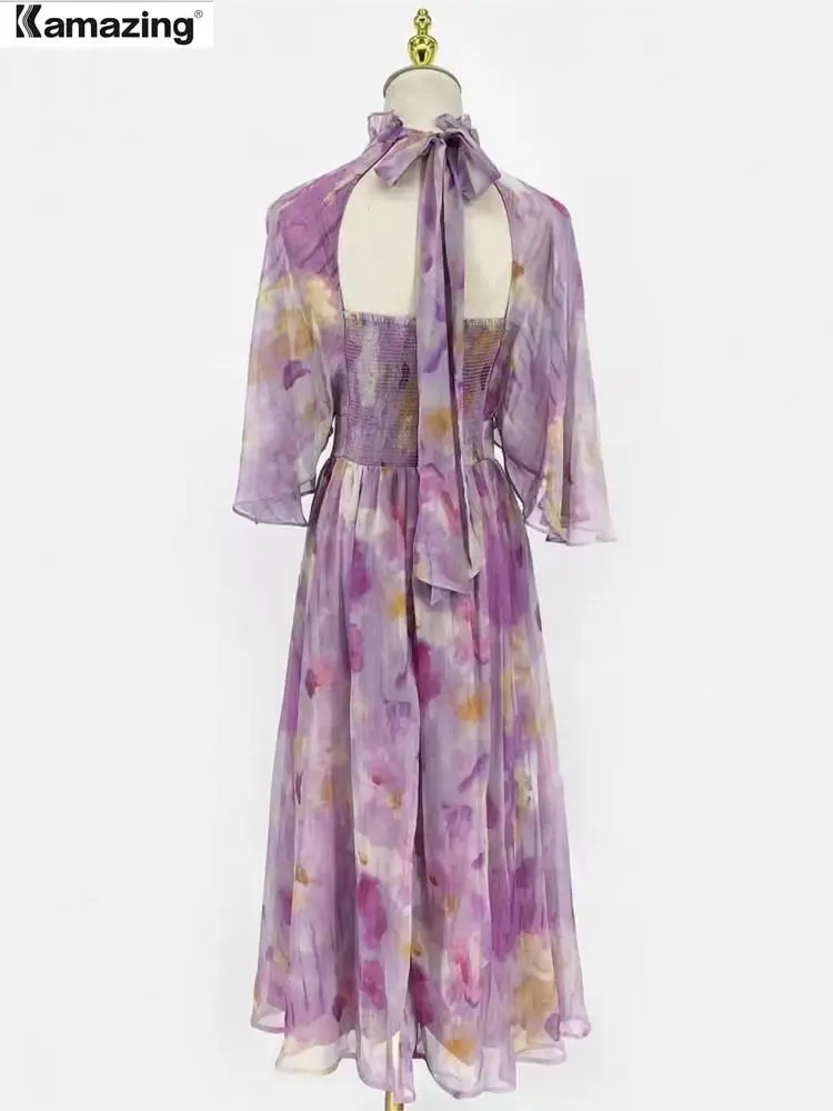 Elegant Slim Print Dress For Women Stand Collar Half Sleeve High Waist Ruched Long A-Line Dress