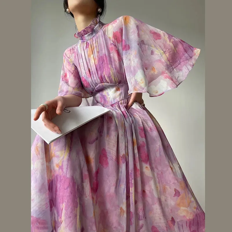 Elegant Slim Print Dress For Women Stand Collar Half Sleeve High Waist Ruched Long A-Line Dress