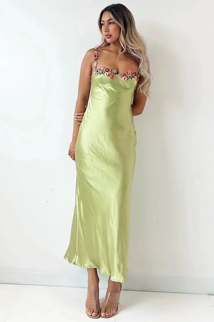 Embroidered Flower Boat Neck High Slit Satin Slim Garden Party Slip Maxi Dresses