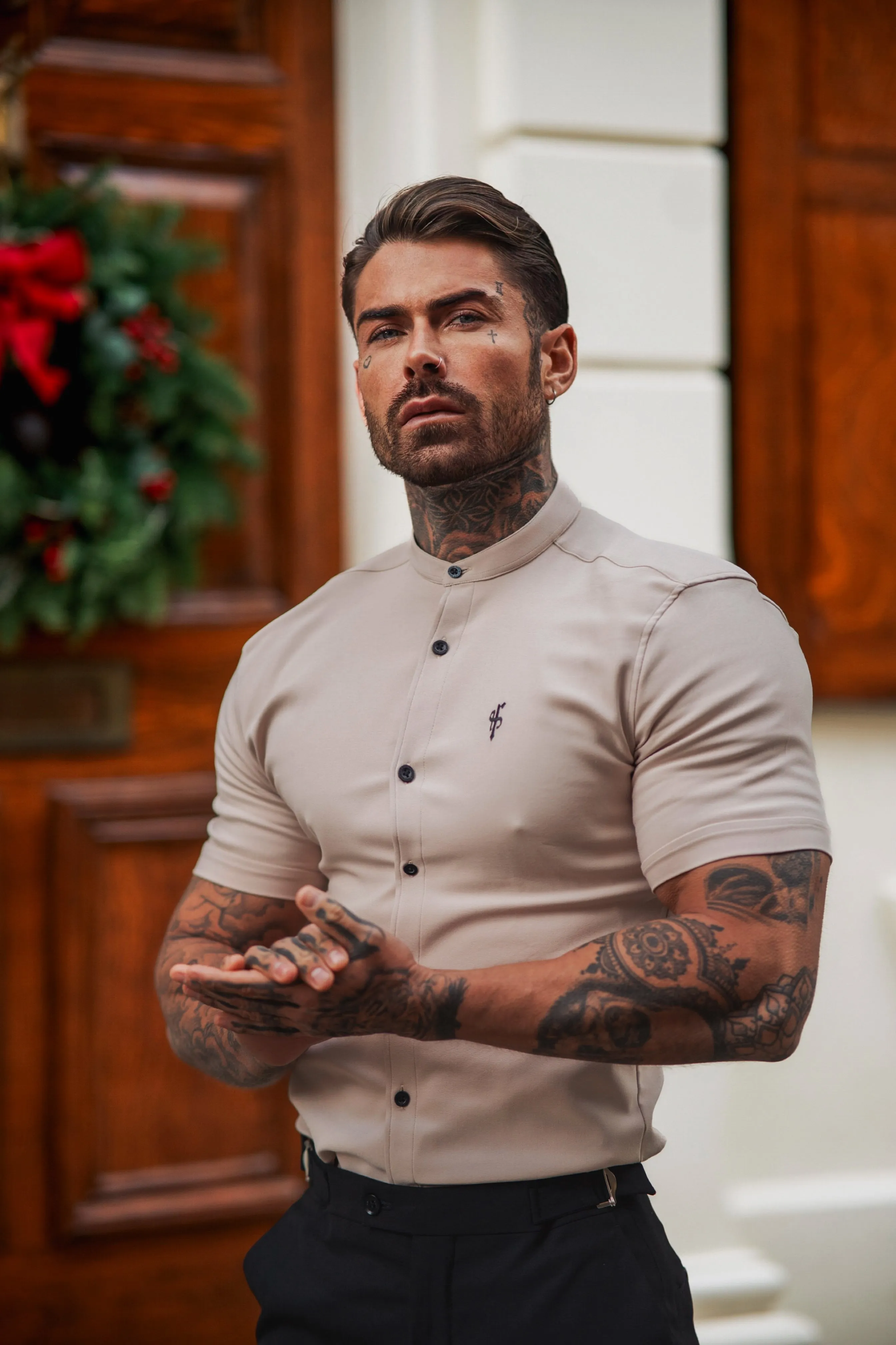 Father Sons Super Slim Scuba Beige Short Sleeve Stretch with Grandad Collar - FS940