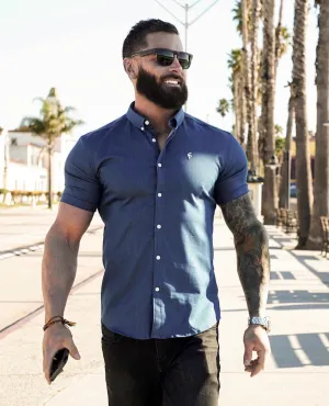 Father Sons Super Slim Stretch Aegean Blue Denim Short Sleeve - FS346