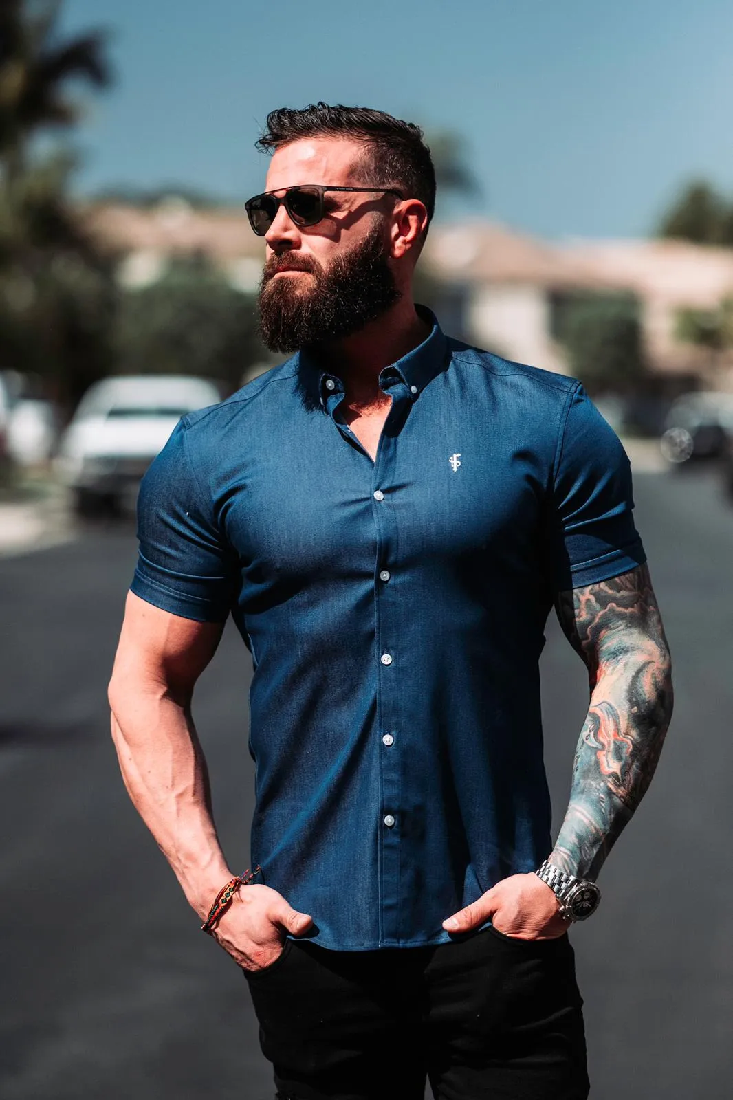 Father Sons Super Slim Stretch Aegean Blue Denim Short Sleeve - FS346