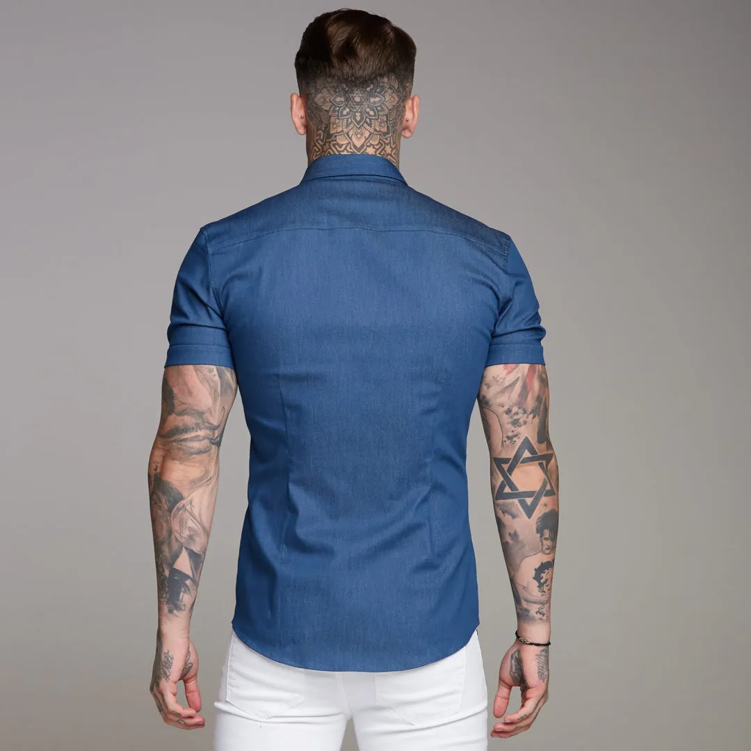 Father Sons Super Slim Stretch Aegean Blue Denim Short Sleeve - FS346