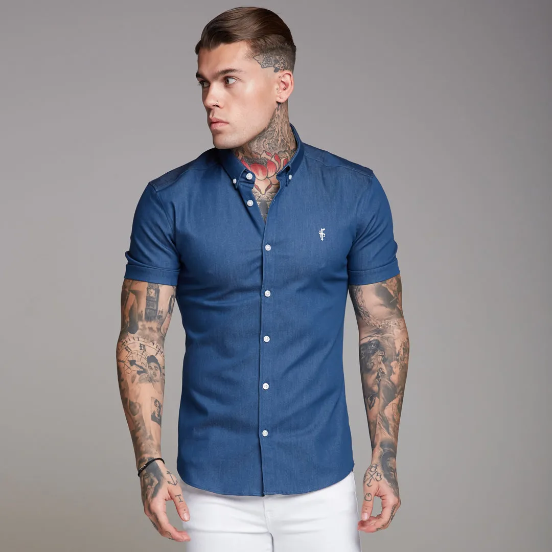 Father Sons Super Slim Stretch Aegean Blue Denim Short Sleeve - FS346