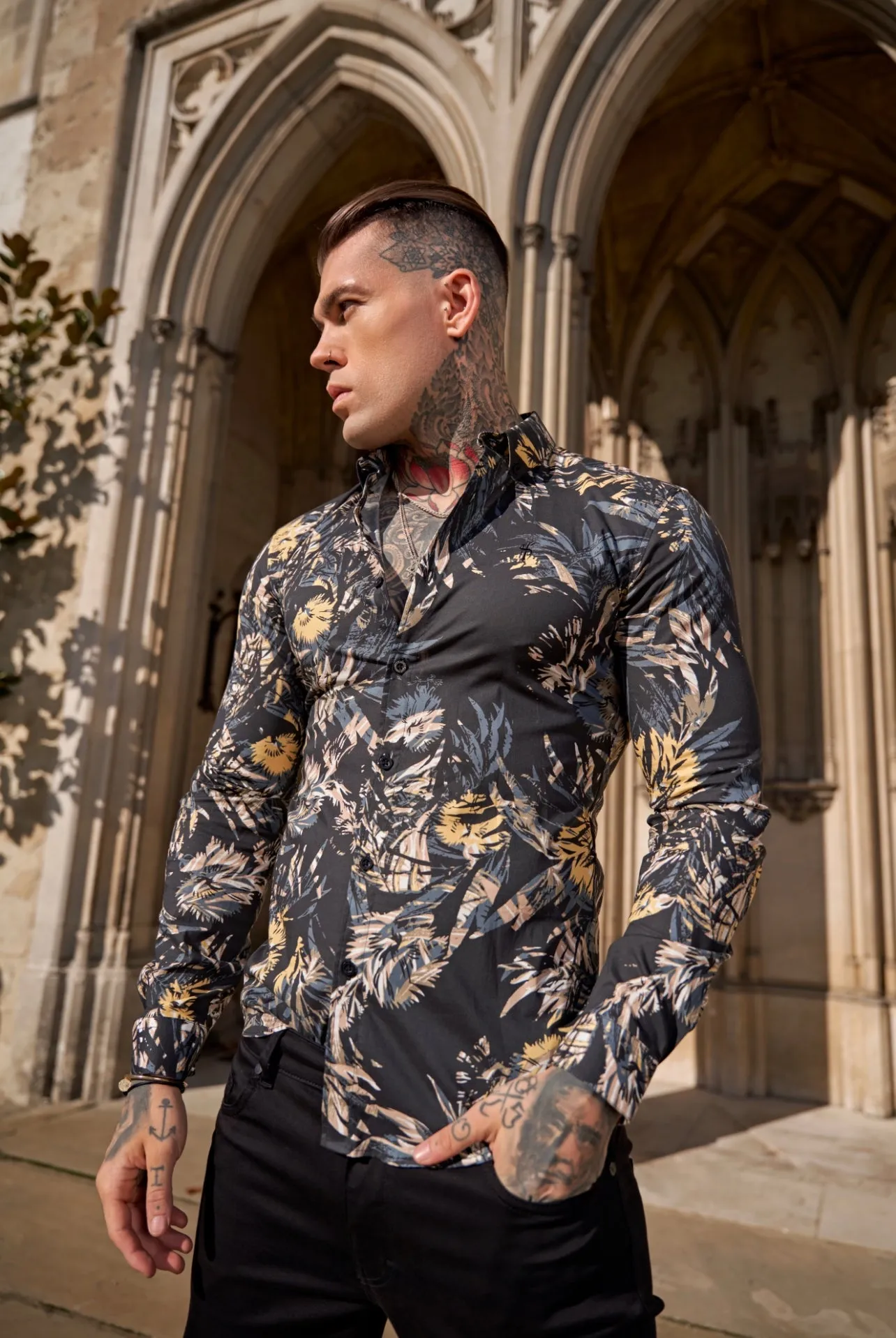 Father Sons Super Slim Stretch Dark Jungle Print Long Sleeve with Button Down Collar - FS906