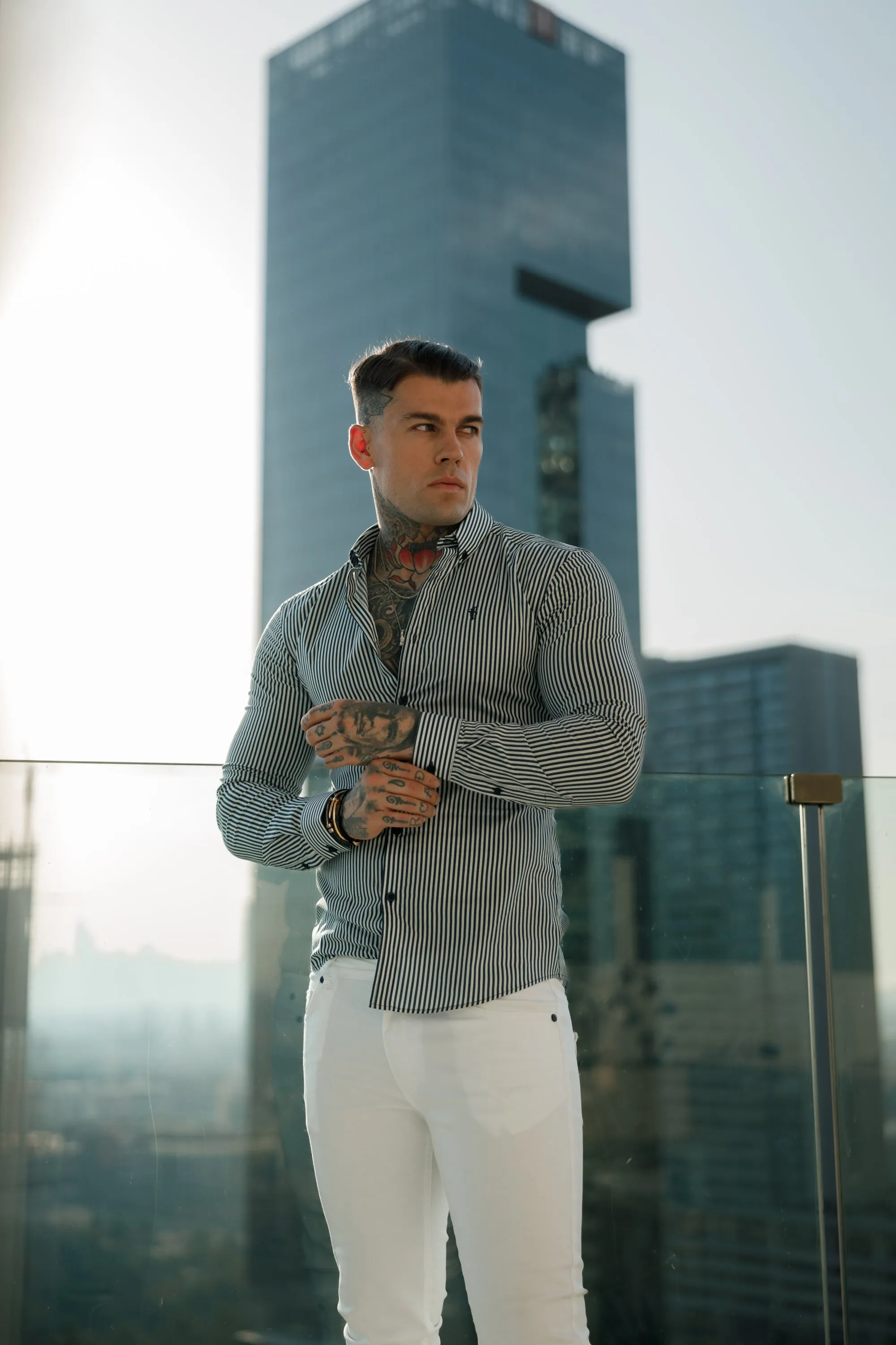 Father Sons Super Slim Stretch White / Navy Stripe Print Long Sleeve with Button Down Collar - FS918