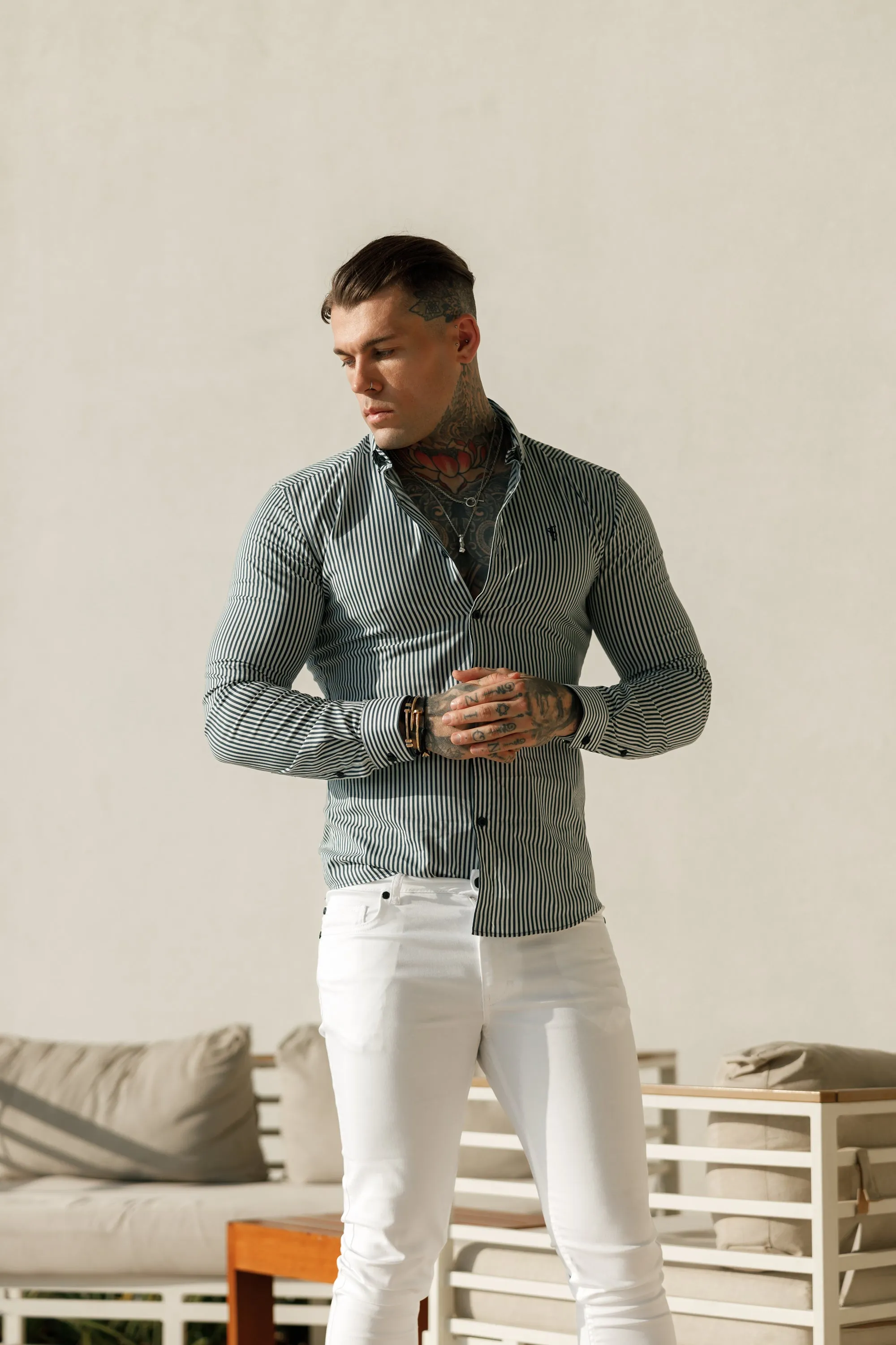 Father Sons Super Slim Stretch White / Navy Stripe Print Long Sleeve with Button Down Collar - FS918
