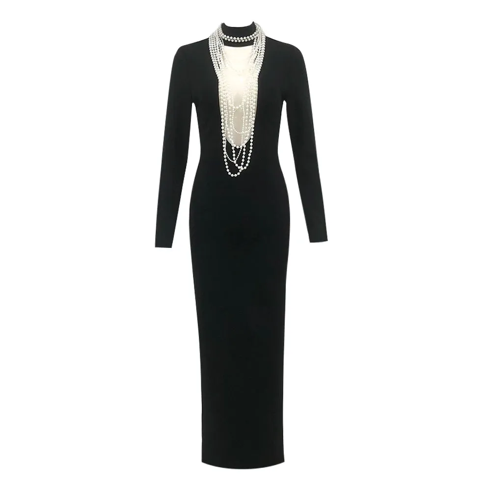 Faux Pearls Black Mermaid Dress