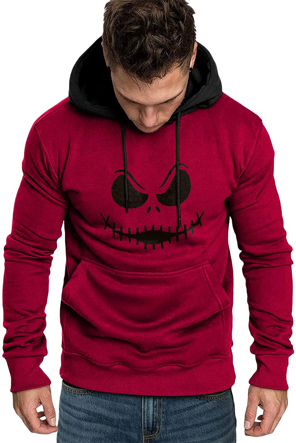 Fiery Red Funny Face Print Color Block Pocketed Men's Hoodie