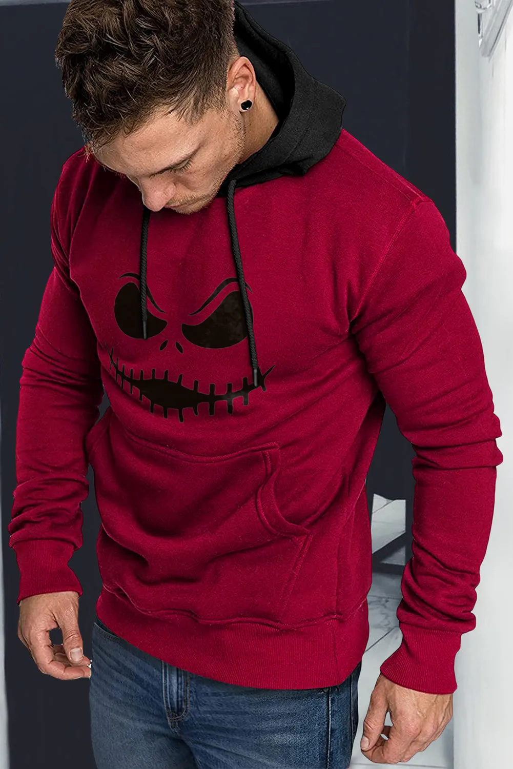 Fiery Red Funny Face Print Color Block Pocketed Men's Hoodie