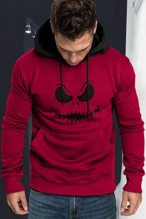 Fiery Red Funny Face Print Color Block Pocketed Men's Hoodie