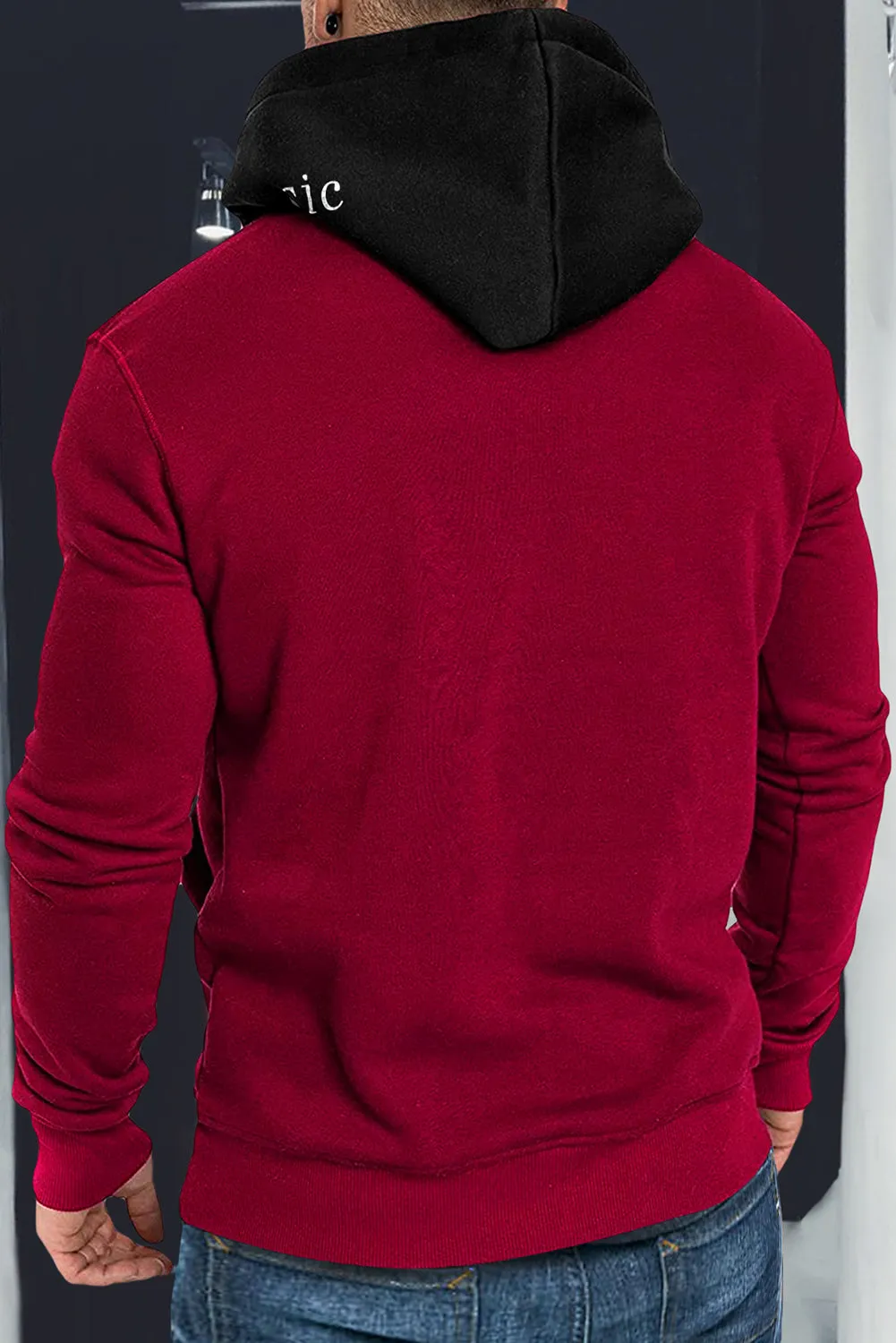 Fiery Red Funny Face Print Color Block Pocketed Men's Hoodie