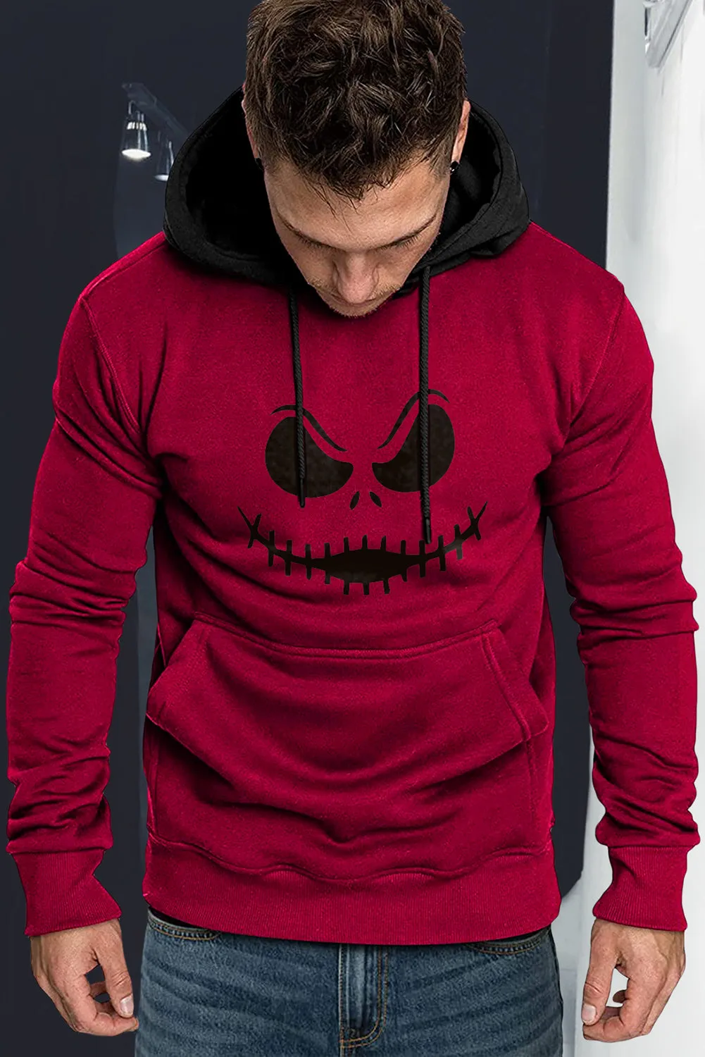 Fiery Red Funny Face Print Color Block Pocketed Men's Hoodie