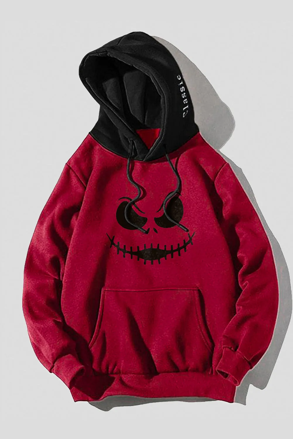 Fiery Red Funny Face Print Color Block Pocketed Men's Hoodie