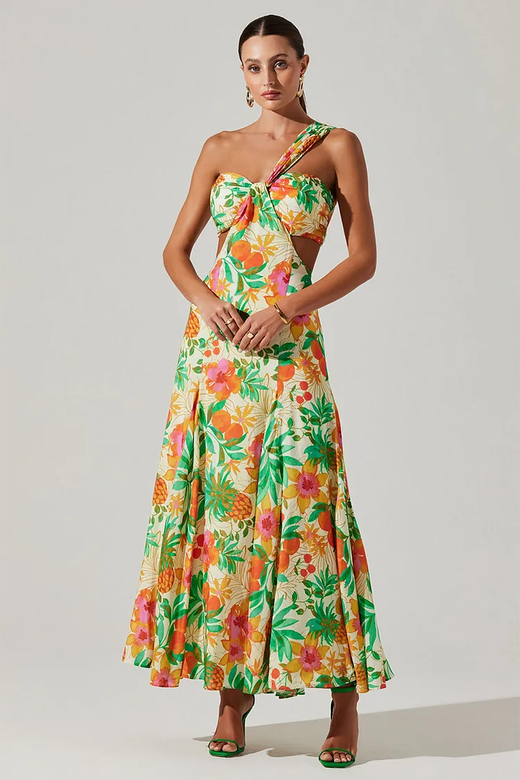 Floral Print Cutout Open Back One Shoulder Maxi Dresses-Green [Pre Order]