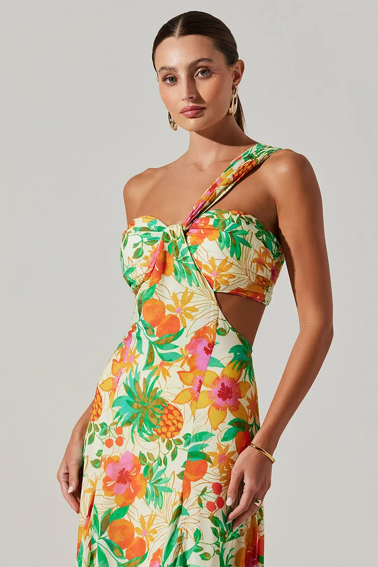 Floral Print Cutout Open Back One Shoulder Maxi Dresses-Green [Pre Order]