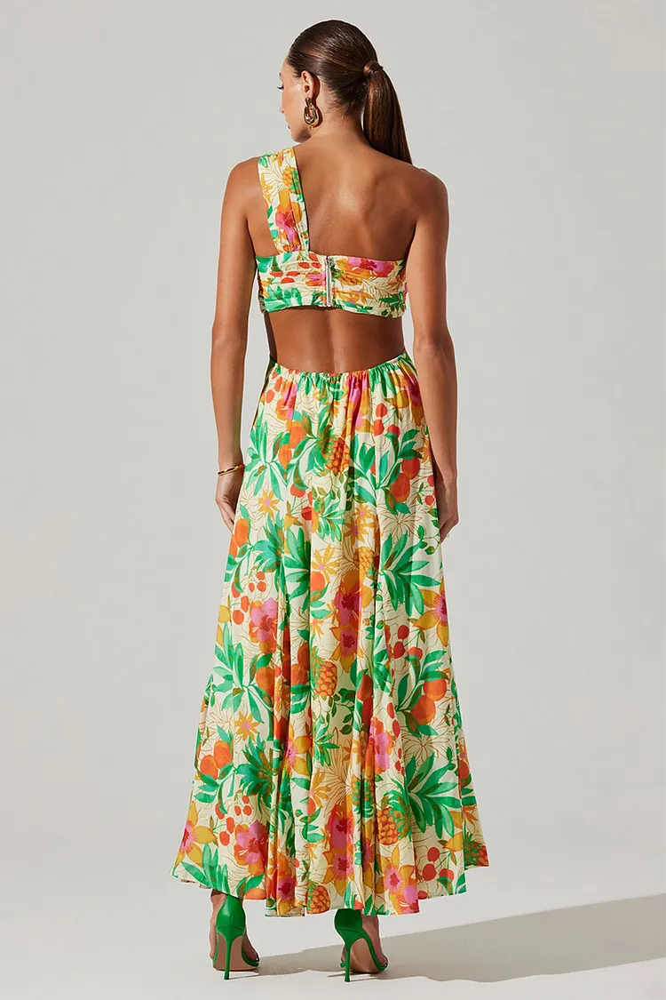 Floral Print Cutout Open Back One Shoulder Maxi Dresses-Green [Pre Order]