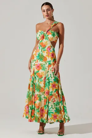 Floral Print Cutout Open Back One Shoulder Maxi Dresses-Green [Pre Order]