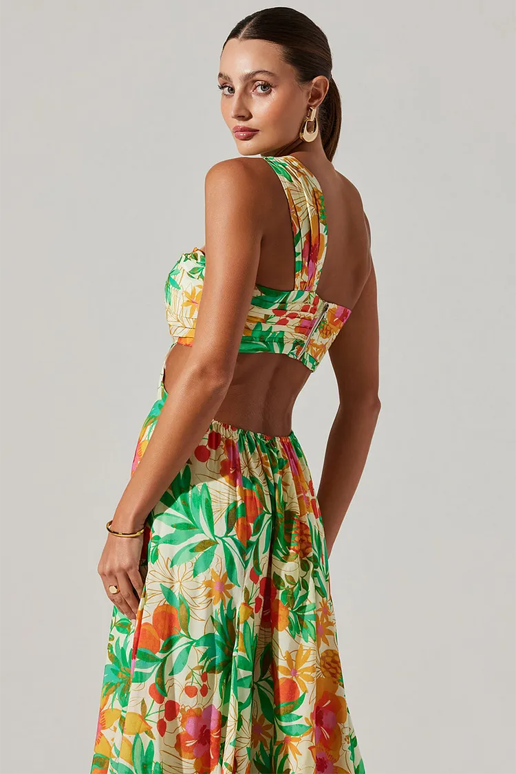 Floral Print Cutout Open Back One Shoulder Maxi Dresses-Green [Pre Order]