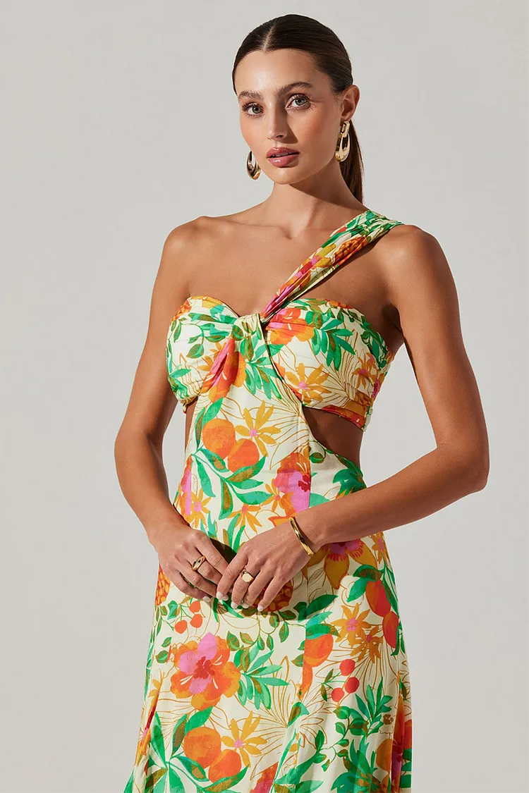 Floral Print Cutout Open Back One Shoulder Maxi Dresses-Green [Pre Order]