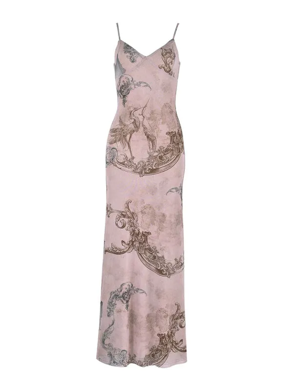 Floral Print Maxi Dress with Spaghetti Straps and V-Neck