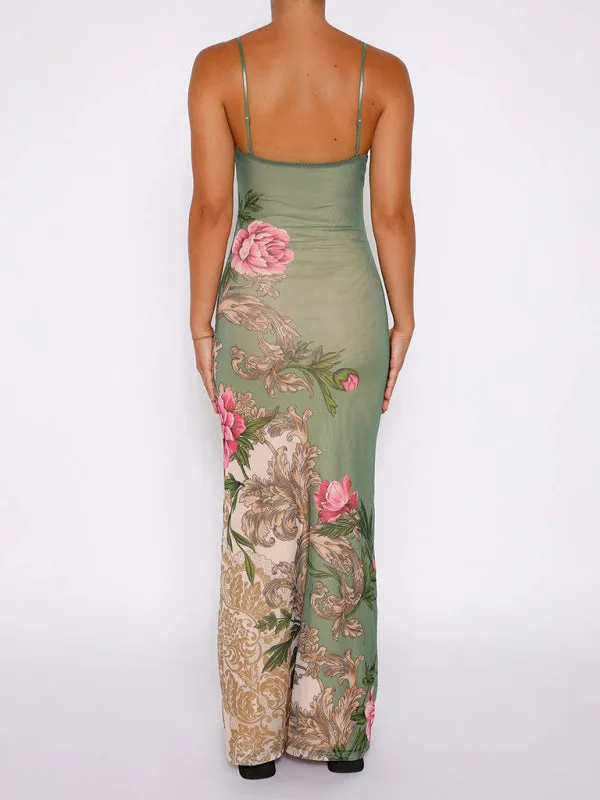 Floral Print Maxi Dress with Spaghetti Straps and V-Neck