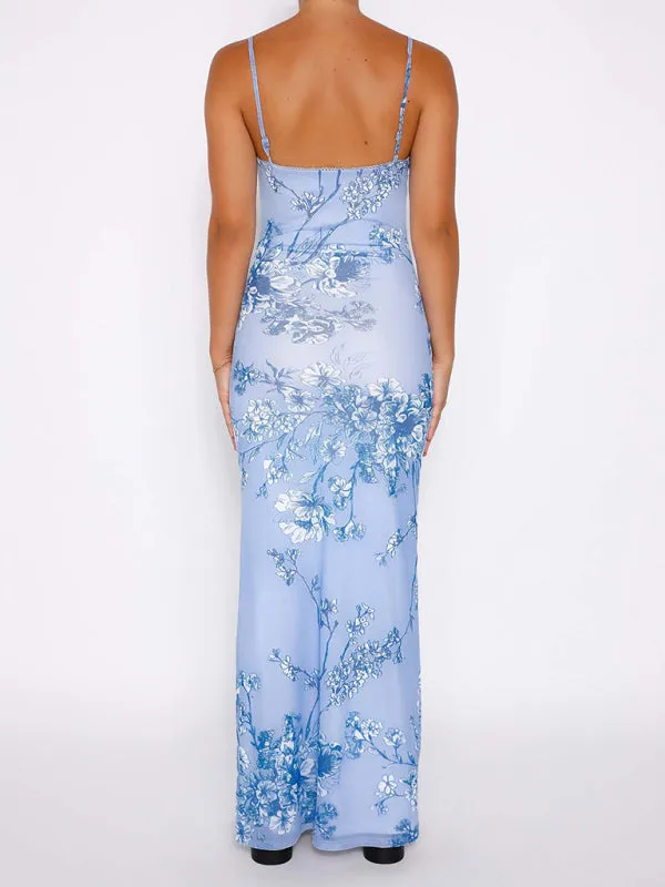 Floral Print Maxi Dress with Spaghetti Straps and V-Neck
