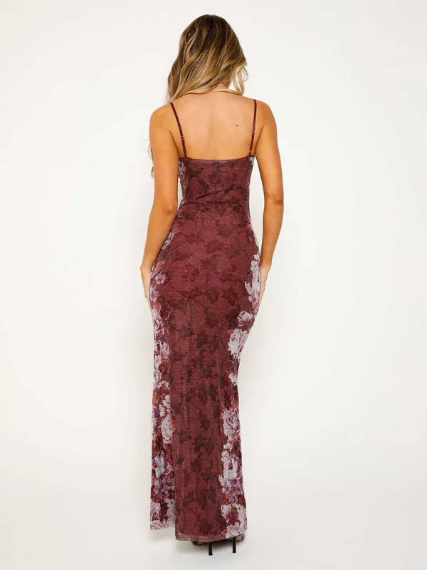 Floral Print Maxi Dress with Spaghetti Straps and V-Neck