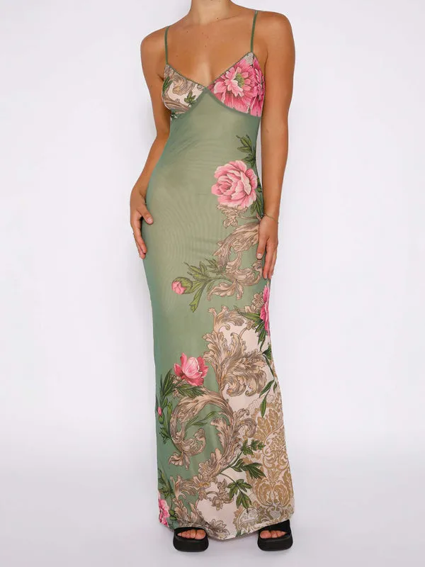 Floral Print Maxi Dress with Spaghetti Straps and V-Neck
