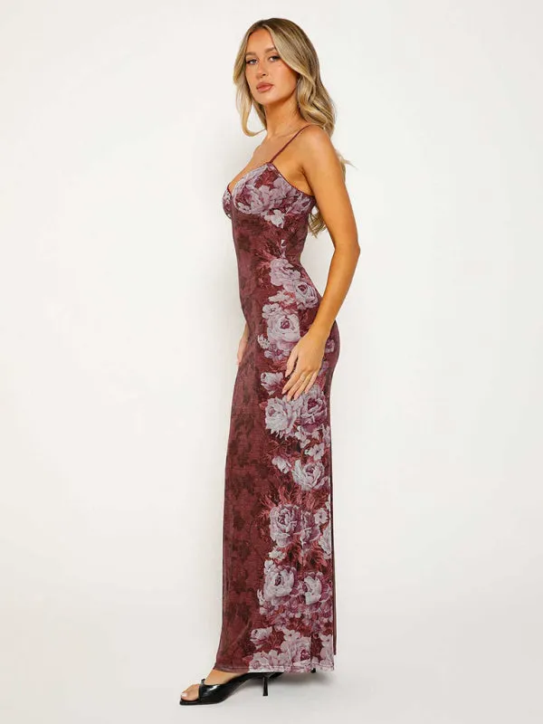 Floral Print Maxi Dress with Spaghetti Straps and V-Neck