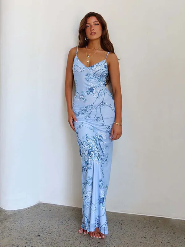 Floral Print Maxi Dress with Spaghetti Straps and V-Neck