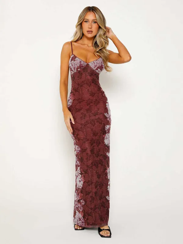 Floral Print Maxi Dress with Spaghetti Straps and V-Neck