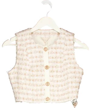 Flossy by Freddy Beige The Coco Top Boucle Check Cropped Waistcoat UK XS