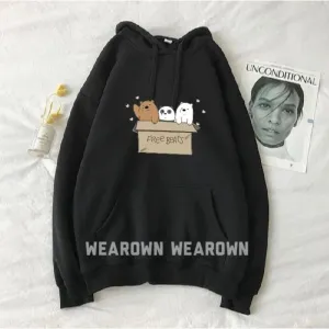 Free Bear Printed Fleece Full Sleeves Pull Over Hoodie For Women