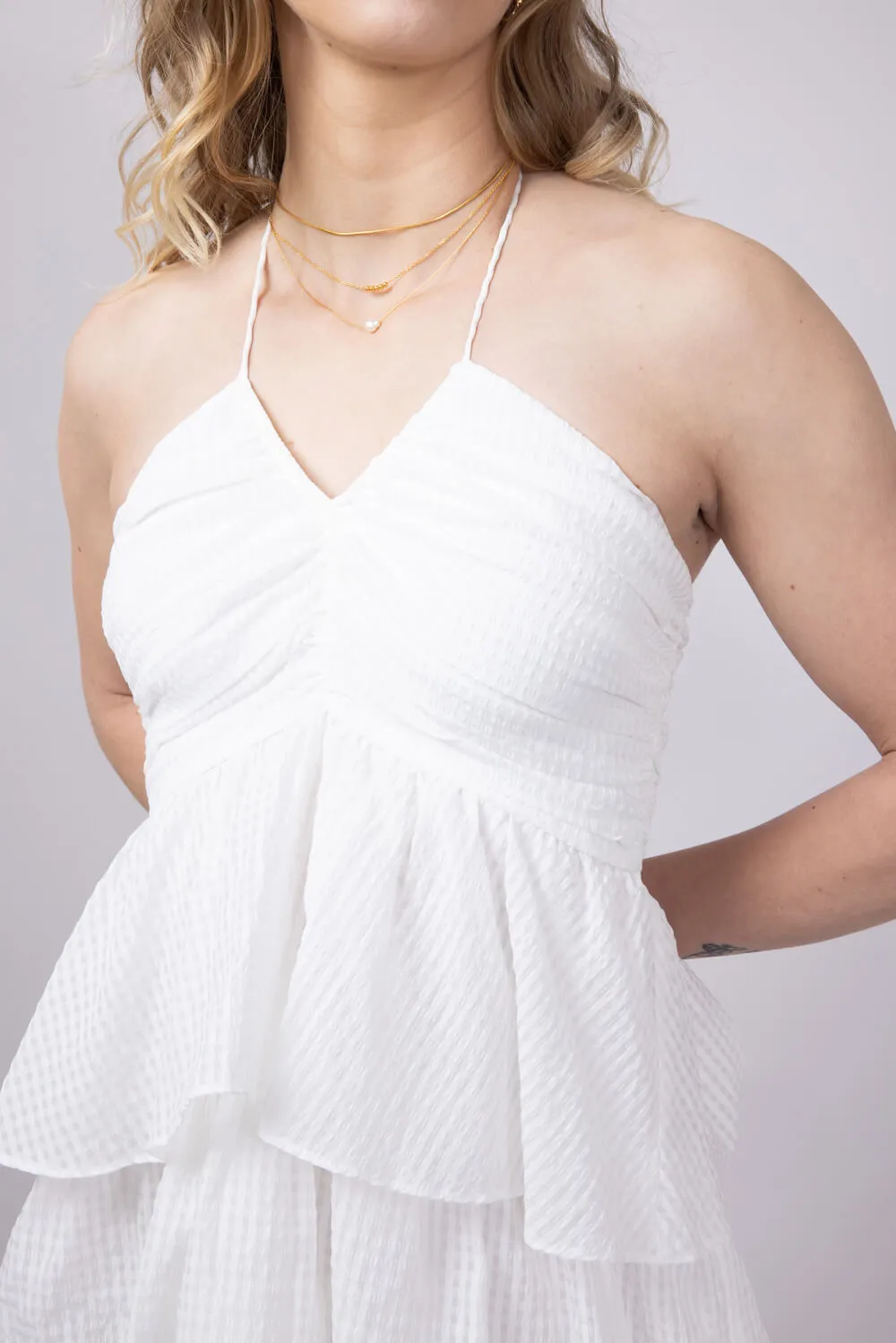 Gingham Ruched Halter Tiered Mini Dress for Women in White | A3389-OFFWHITE