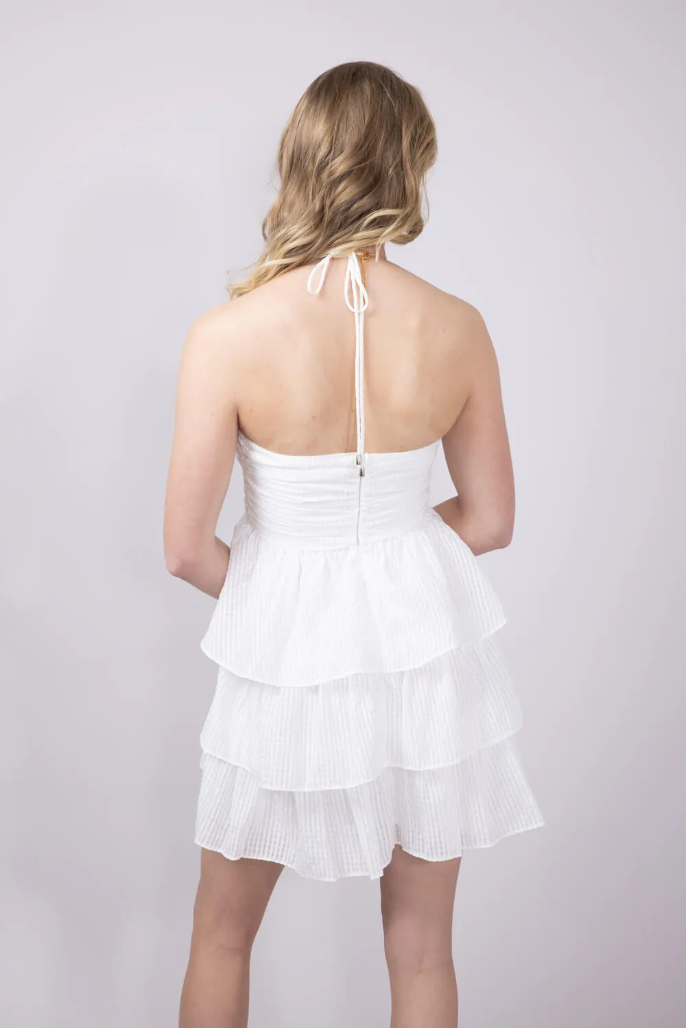 Gingham Ruched Halter Tiered Mini Dress for Women in White | A3389-OFFWHITE