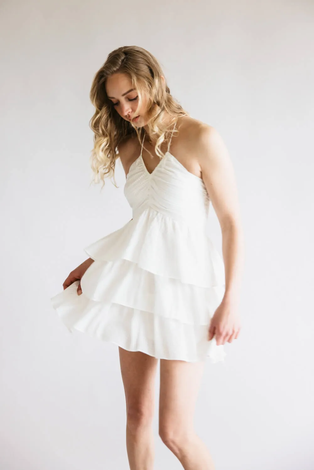 Gingham Ruched Halter Tiered Mini Dress for Women in White | A3389-OFFWHITE