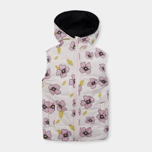 Girls Premium Quality All-Over Printed Sleeveless Puffer Zipper Hoodie Jacket