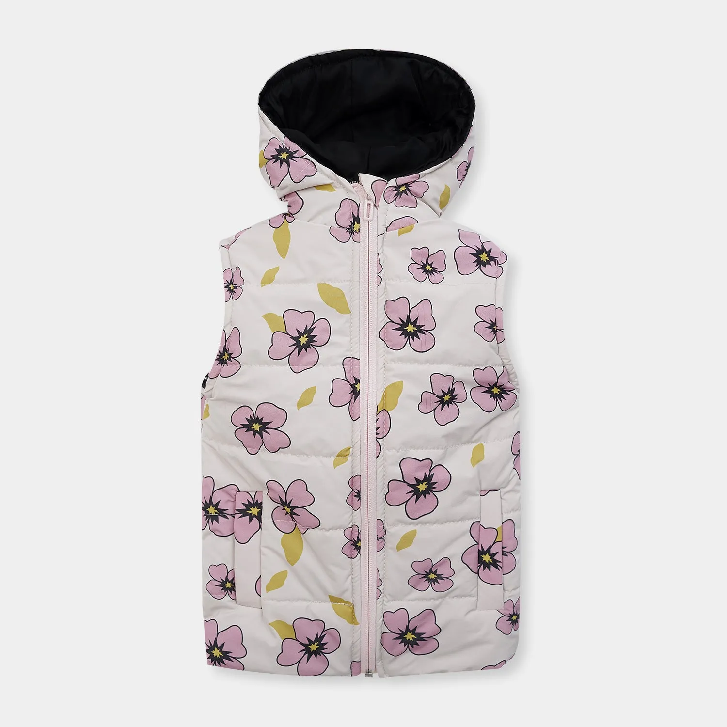Girls Premium Quality All-Over Printed Sleeveless Puffer Zipper Hoodie Jacket