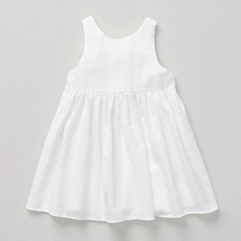 Girls Sleeveless Round Neck Button Low-Back Textured Cotton Dress - White