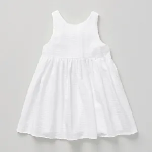 Girls Sleeveless Round Neck Button Low-Back Textured Cotton Dress - White