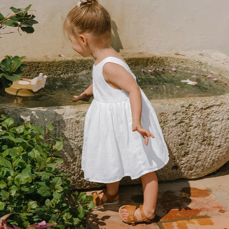 Girls Sleeveless Round Neck Button Low-Back Textured Cotton Dress - White