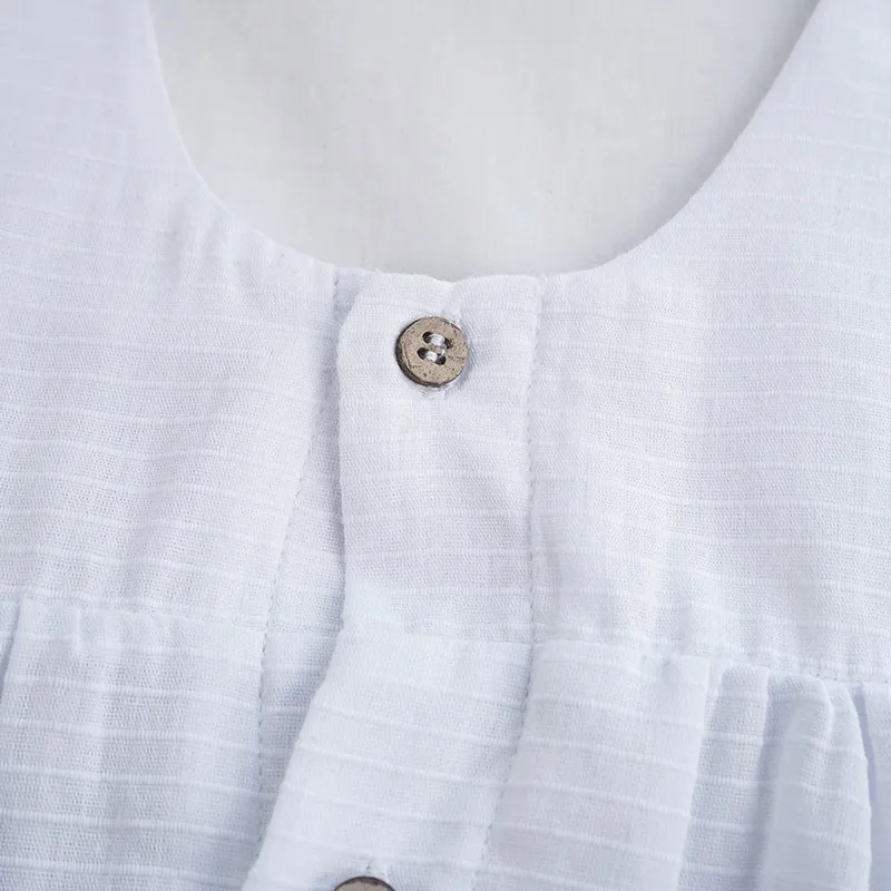 Girls Sleeveless Round Neck Button Low-Back Textured Cotton Dress - White
