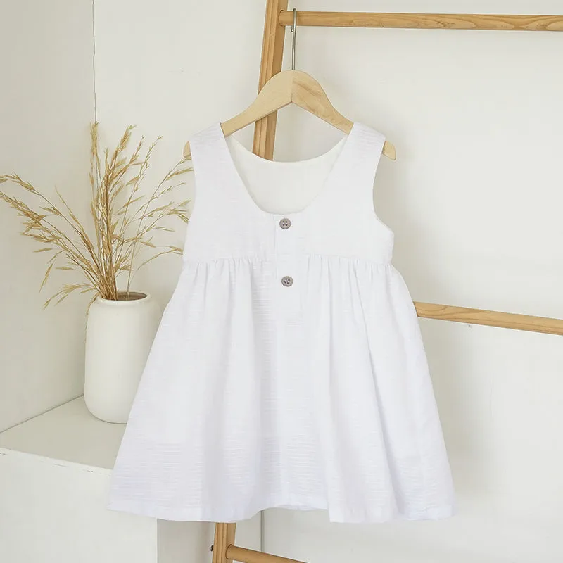 Girls Sleeveless Round Neck Button Low-Back Textured Cotton Dress - White