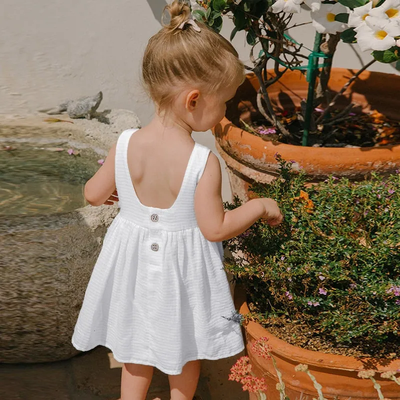 Girls Sleeveless Round Neck Button Low-Back Textured Cotton Dress - White