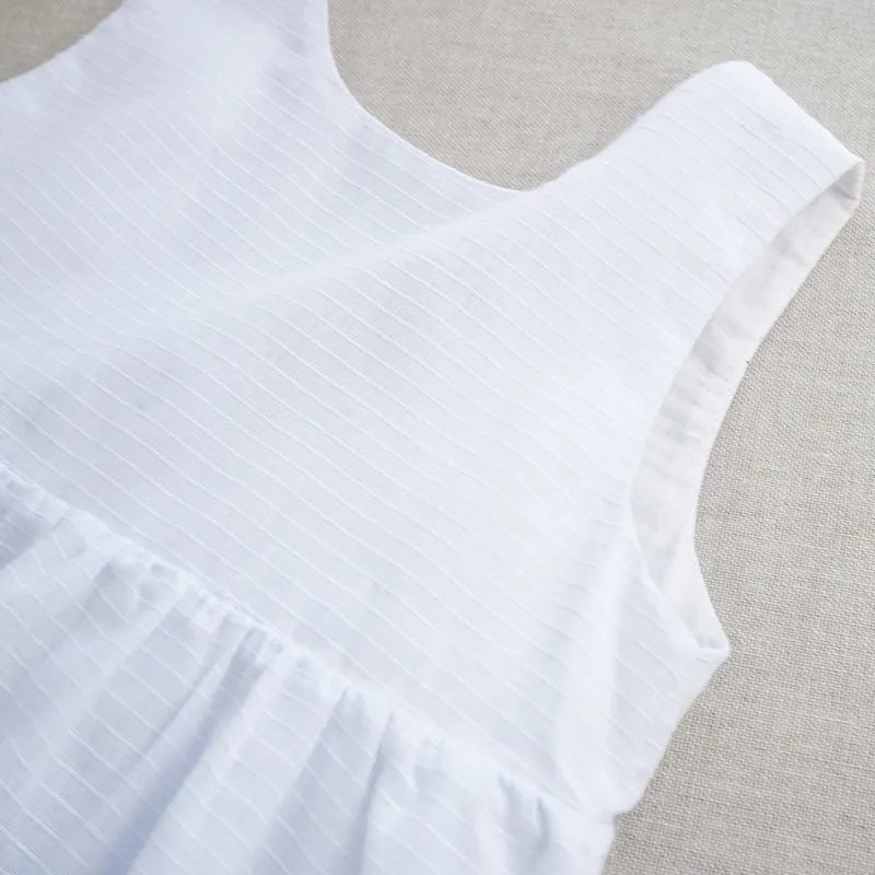 Girls Sleeveless Round Neck Button Low-Back Textured Cotton Dress - White