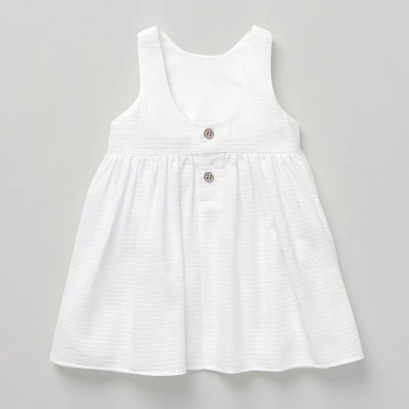 Girls Sleeveless Round Neck Button Low-Back Textured Cotton Dress - White
