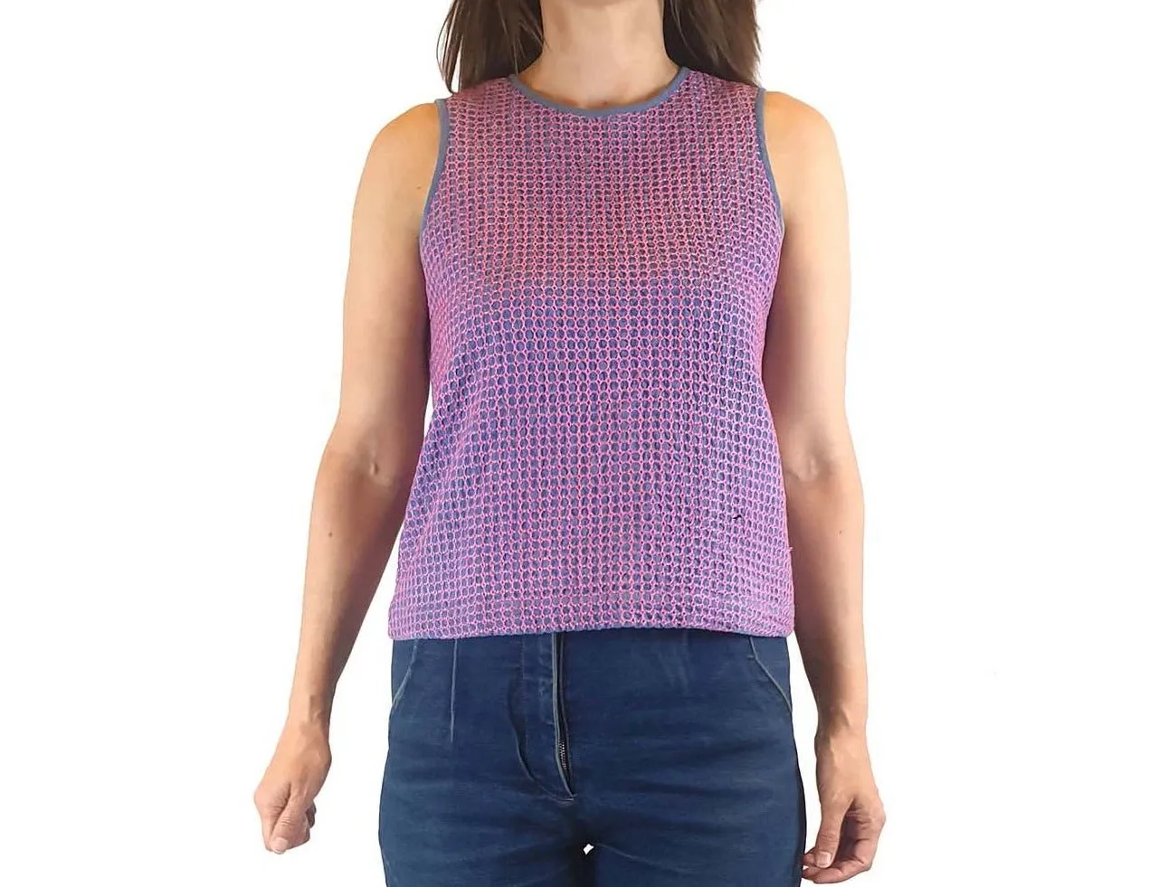Gorman blue cropped sleeveless top with contrasting hot pink embroydery size 8