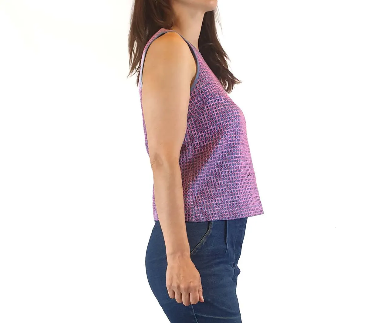 Gorman blue cropped sleeveless top with contrasting hot pink embroydery size 8